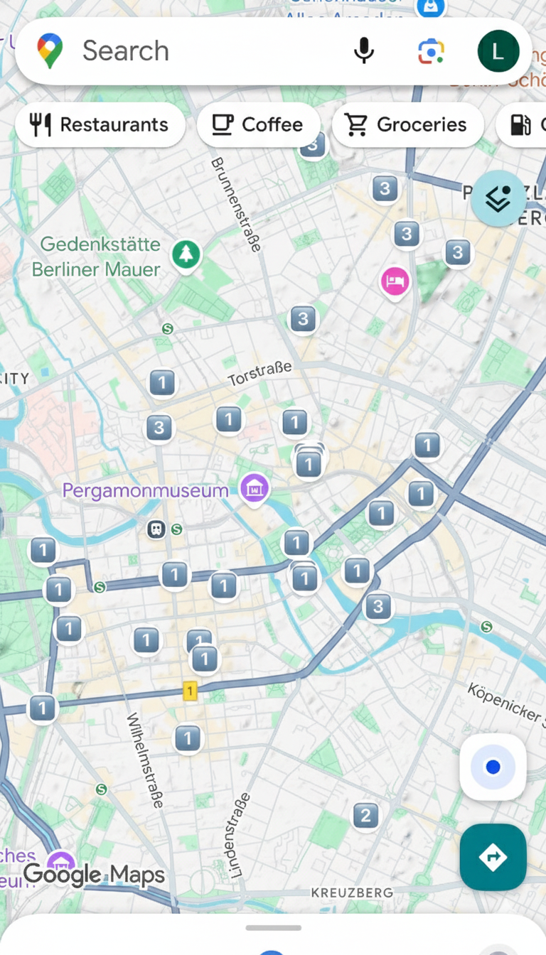 3 Days in Berlin itinerary map showing numbered locations across the city